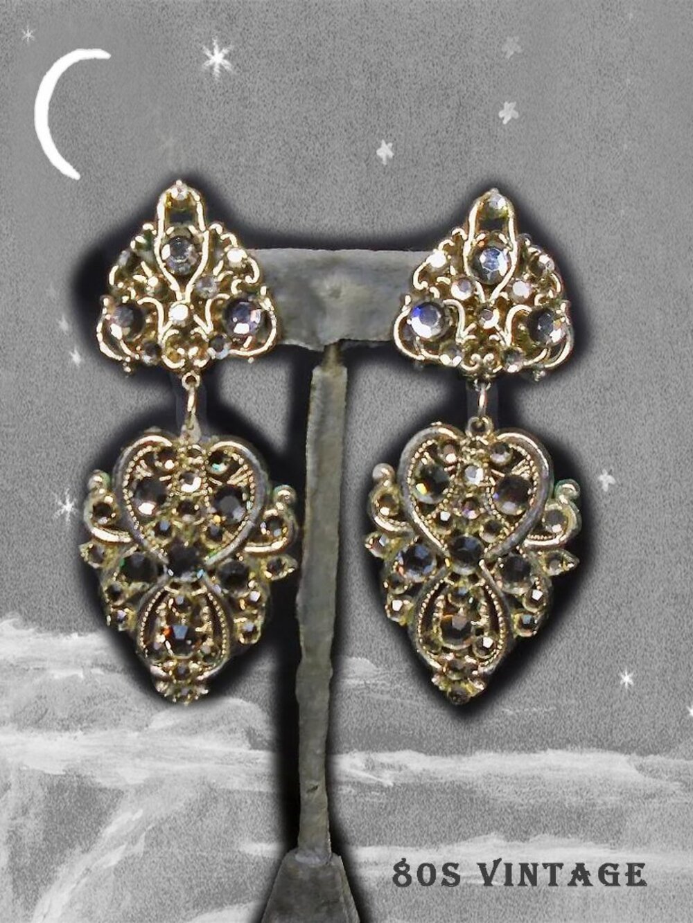 Statement Dangle Earrings are Clip on Silvertone BLING! BIG 80s Vintage Clipons